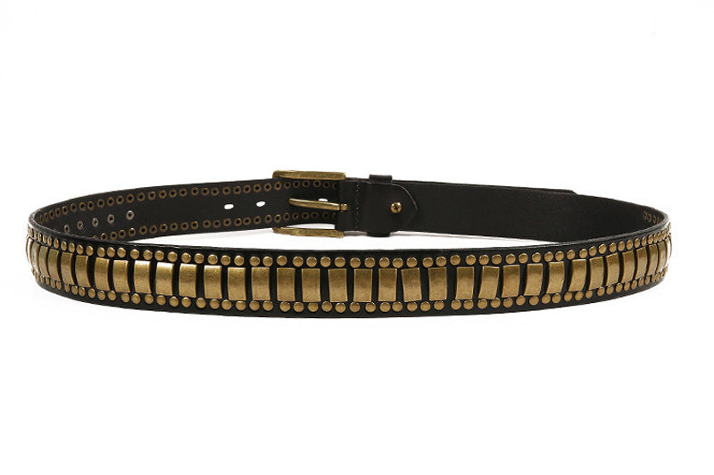 Black / 105 cm Men's Studded Genuine Leather Belt with Rivets - skyjackerz
