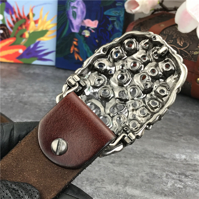 Brown / 95 cm Men's Retro Snake Buckle Thick Leather Belt - skyjackerz