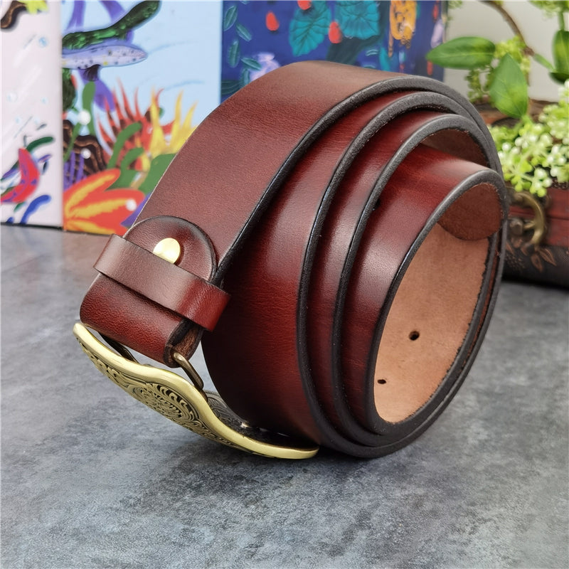 Yellow Brown / 95 cm Luxury Carved Leather Belt for Men - Floral Design - skyjackerz