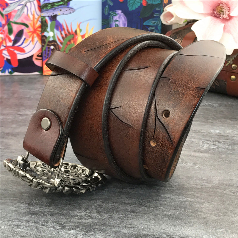 Brown / 95 cm Men's Retro Snake Buckle Thick Leather Belt - skyjackerz