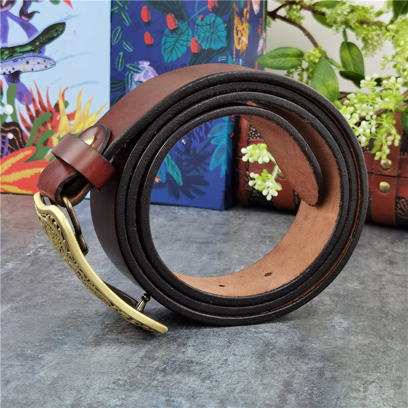 Yellow Brown / 95 cm Luxury Carved Leather Belt for Men - Floral Design - skyjackerz