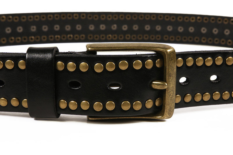 Black / 105 cm Men's Studded Genuine Leather Belt with Rivets - skyjackerz