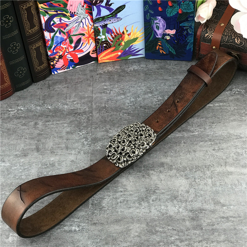 Brown / 95 cm Men's Retro Snake Buckle Thick Leather Belt - skyjackerz