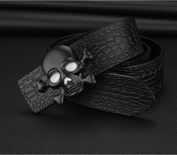 Gold - Black / 105 cm Men's Designer Skull Buckle Genuine Leather Belt - skyjackerz