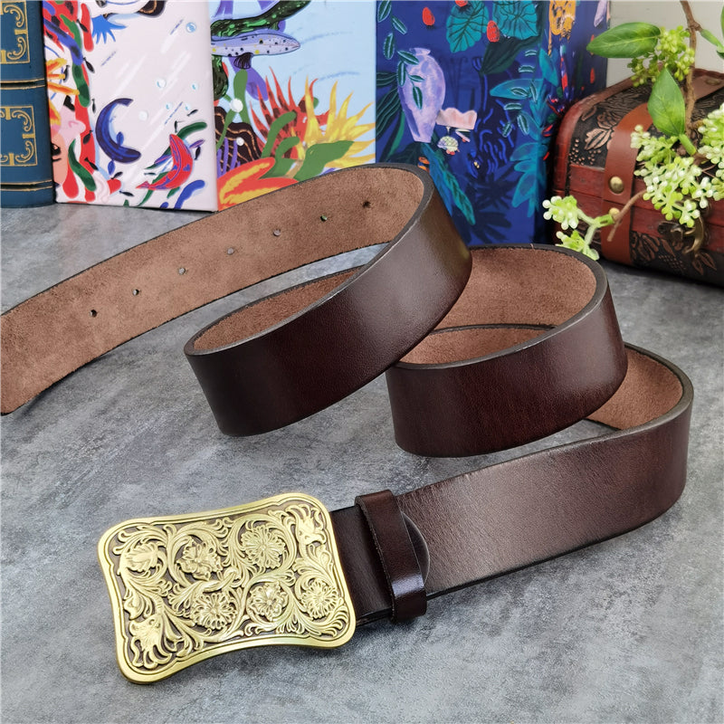Yellow Brown / 95 cm Luxury Carved Leather Belt for Men - Floral Design - skyjackerz