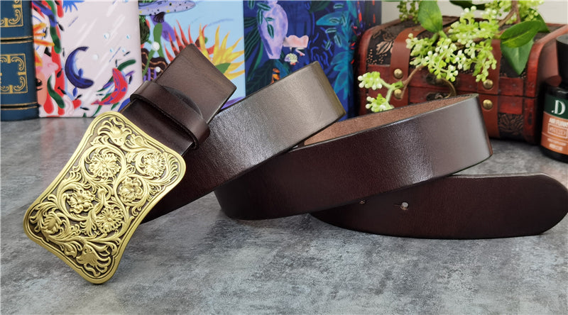 Yellow Brown / 95 cm Luxury Carved Leather Belt for Men - Floral Design - skyjackerz