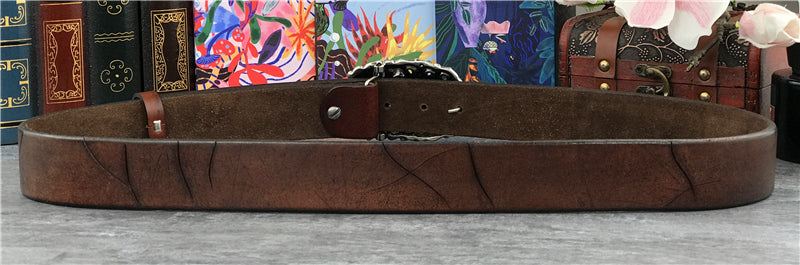 Brown / 95 cm Men's Retro Snake Buckle Thick Leather Belt - skyjackerz