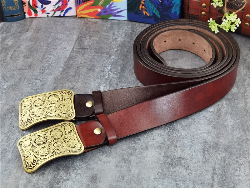 Yellow Brown / 95 cm Luxury Carved Leather Belt for Men - Floral Design - skyjackerz