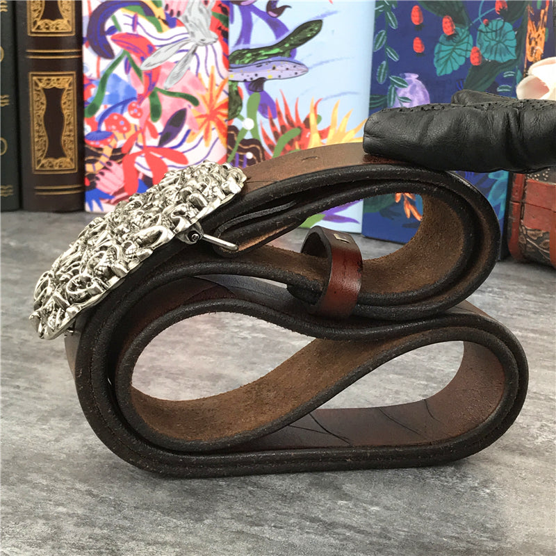 Brown / 95 cm Men's Retro Snake Buckle Thick Leather Belt - skyjackerz