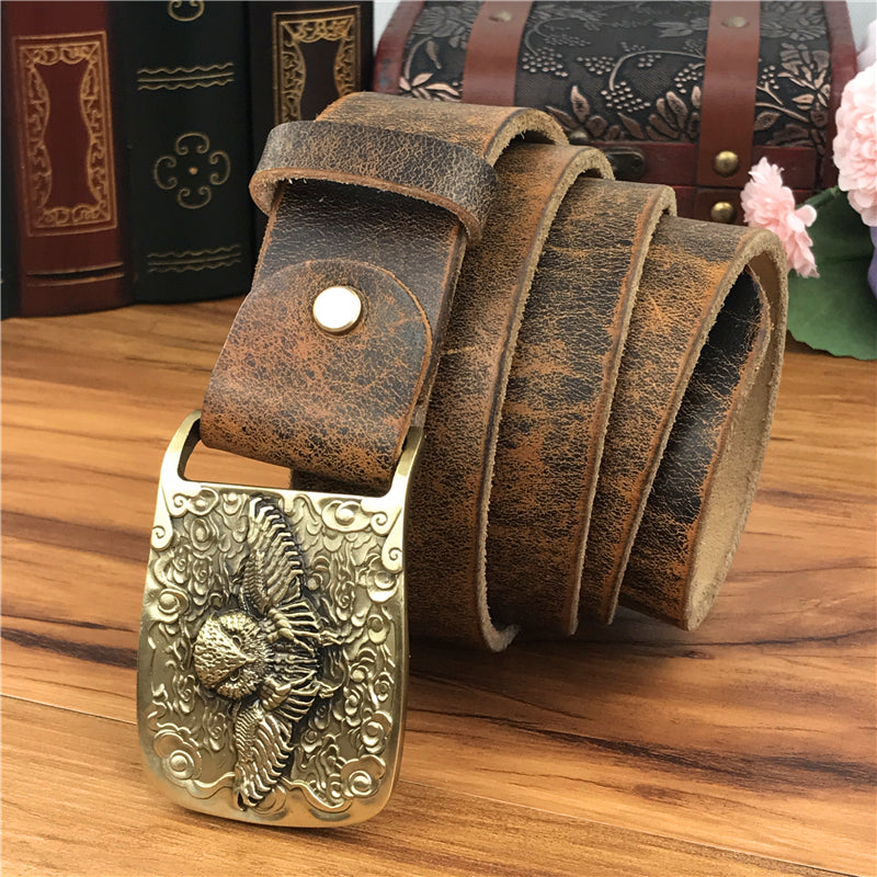 Yellow Brown / 105 cm Vintage Leather Belt for Men with Brass Owl Buckle - skyjackerz