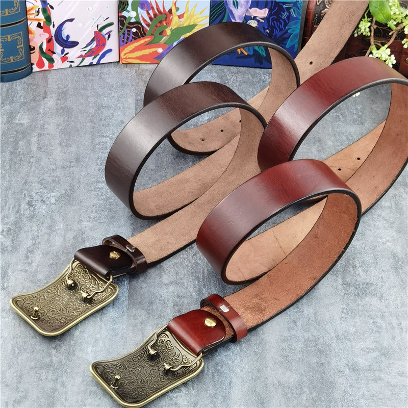 Yellow Brown / 95 cm Luxury Carved Leather Belt for Men - Floral Design - skyjackerz