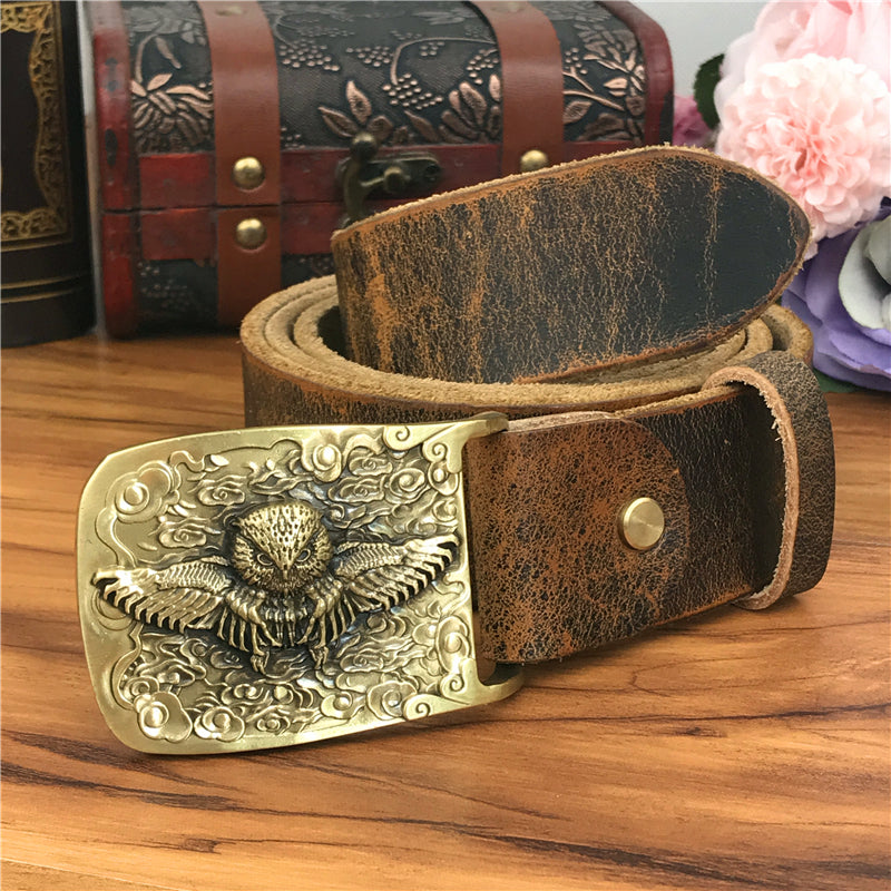 Yellow Brown / 105 cm Vintage Leather Belt for Men with Brass Owl Buckle - skyjackerz