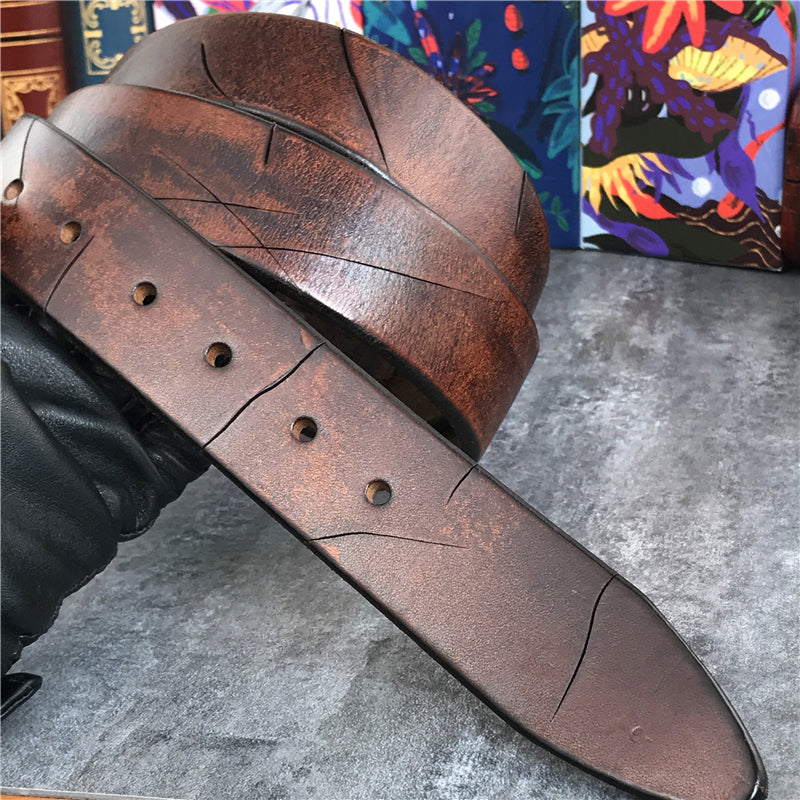 Brown / 95 cm Men's Retro Snake Buckle Thick Leather Belt - skyjackerz