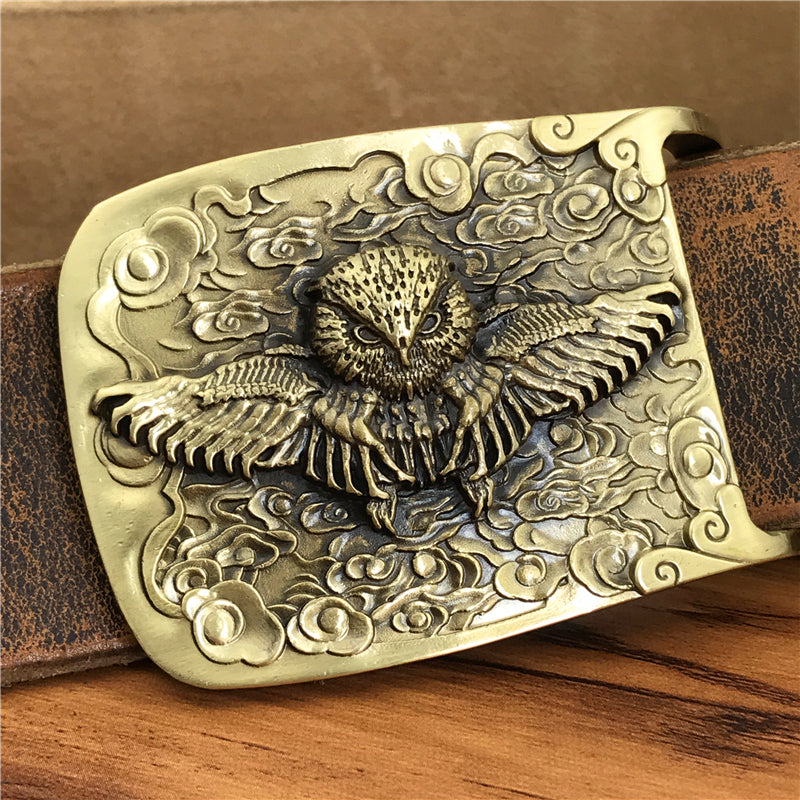 Yellow Brown / 105 cm Vintage Leather Belt for Men with Brass Owl Buckle - skyjackerz