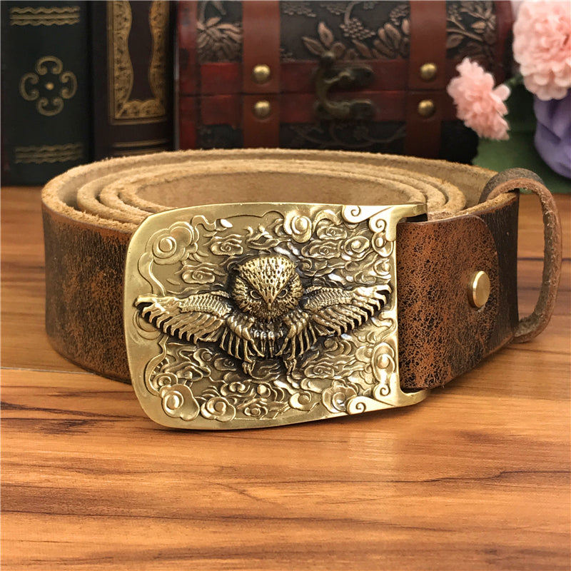 Yellow Brown / 105 cm Vintage Leather Belt for Men with Brass Owl Buckle - skyjackerz