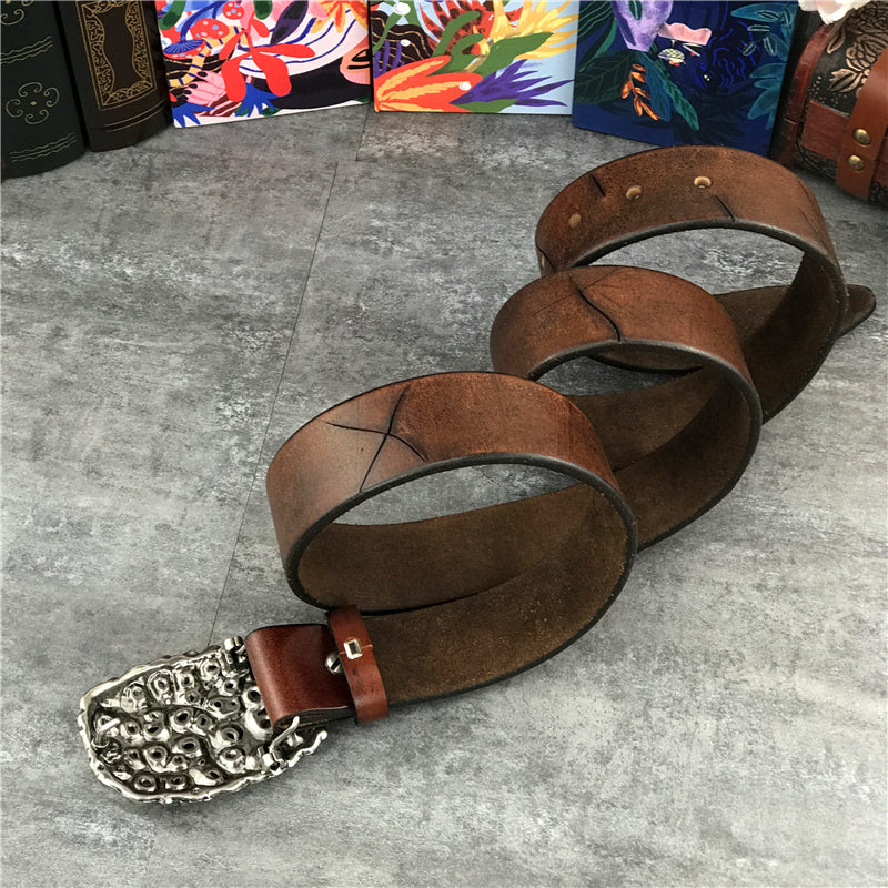 Brown / 95 cm Men's Retro Snake Buckle Thick Leather Belt - skyjackerz