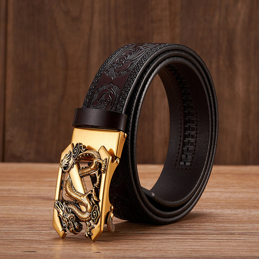 Gold - Black / 100 cm Dragon Z Automatic Embossed Leather Belt for Men - skyjackerz