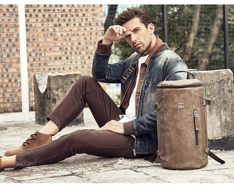 Khaki Men's Leather Waterproof Travel Backpack - skyjackerz