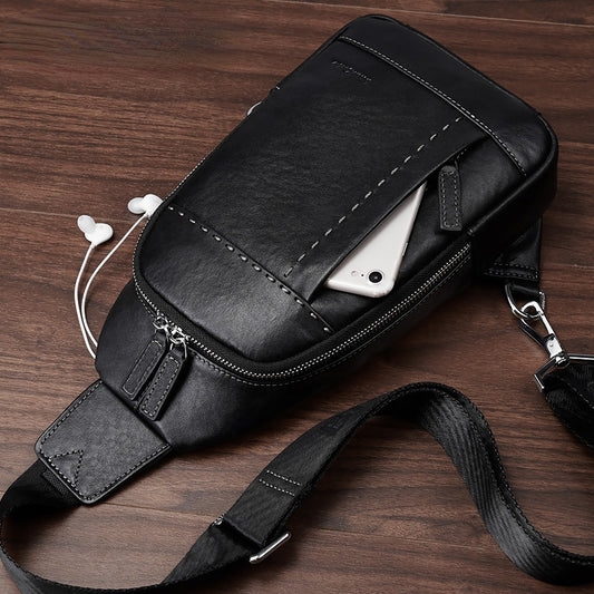 Black Men's Cowhide Leather Crossbody Bag - skyjackerz