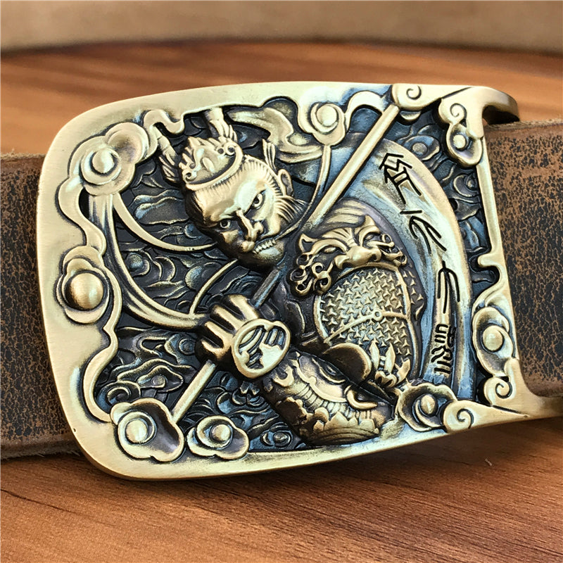 Yellow Brown / 95 cm Men's Brass Buckle Leather Belt - Monkey King Design - skyjackerz