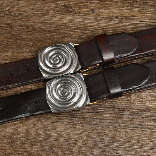 Coffee / 100 cm Men's Thick Leather Belt for Jeans - Retro Cowboy Style - skyjackerz