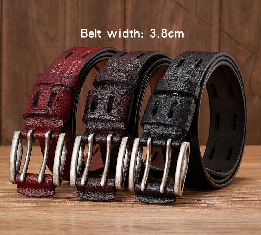 Black - 3.8 cm / 105 cm Men's Fancy Leather Belt with Double Pin Buckle - skyjackerz