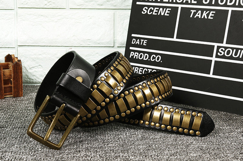 Black / 105 cm Men's Studded Genuine Leather Belt with Rivets - skyjackerz