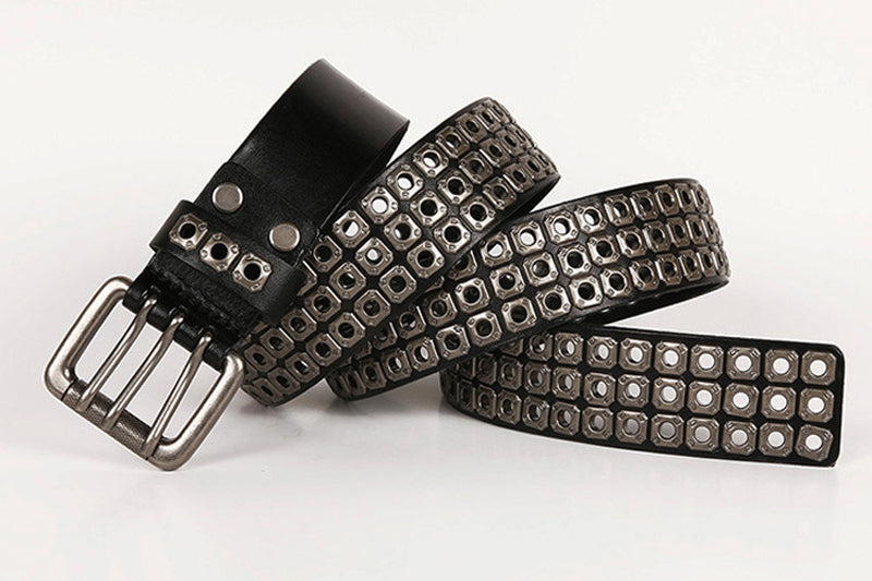 Black / 100 cm Men's Heavy Metal Cowboy Punk Leather Belt - skyjackerz