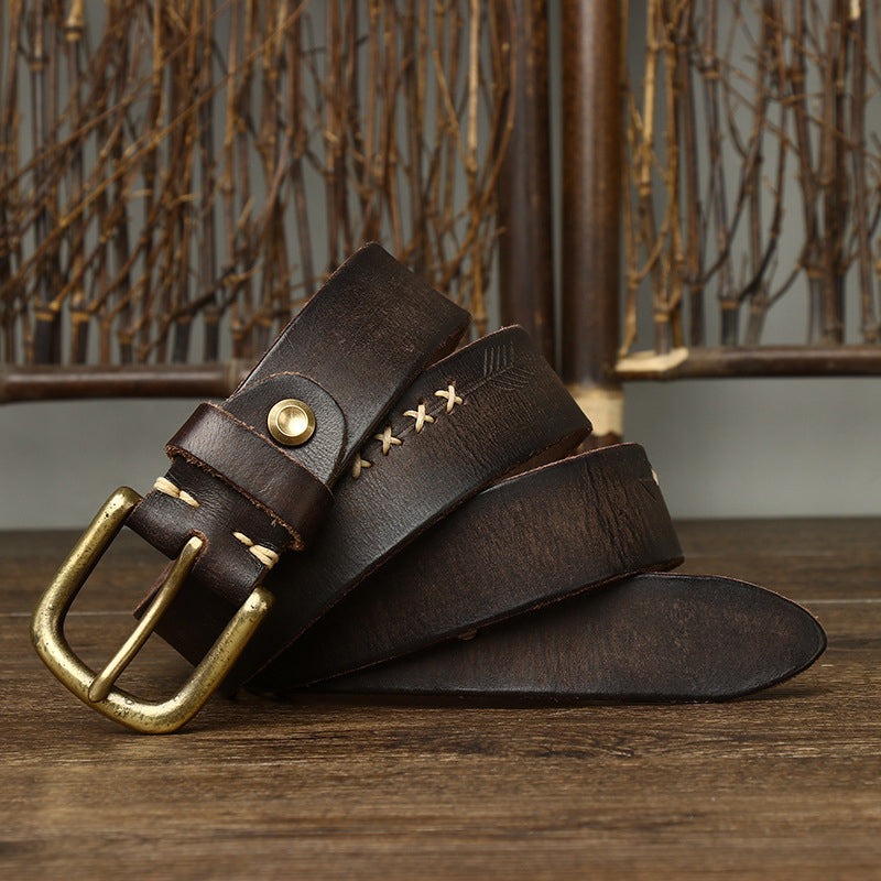 Brown / 105 cm Men's Stylish Brass Buckle Leather Waistband - skyjackerz