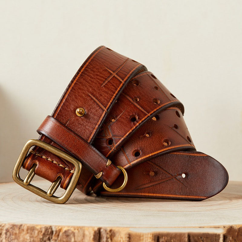 Khaki / 105 cm Men's Designer Double Pin Leather Belt - skyjackerz
