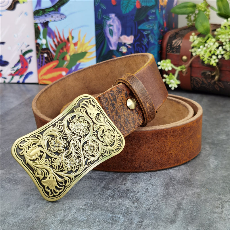 Yellow Brown / 95 cm Luxury Carved Leather Belt for Men - Floral Design - skyjackerz
