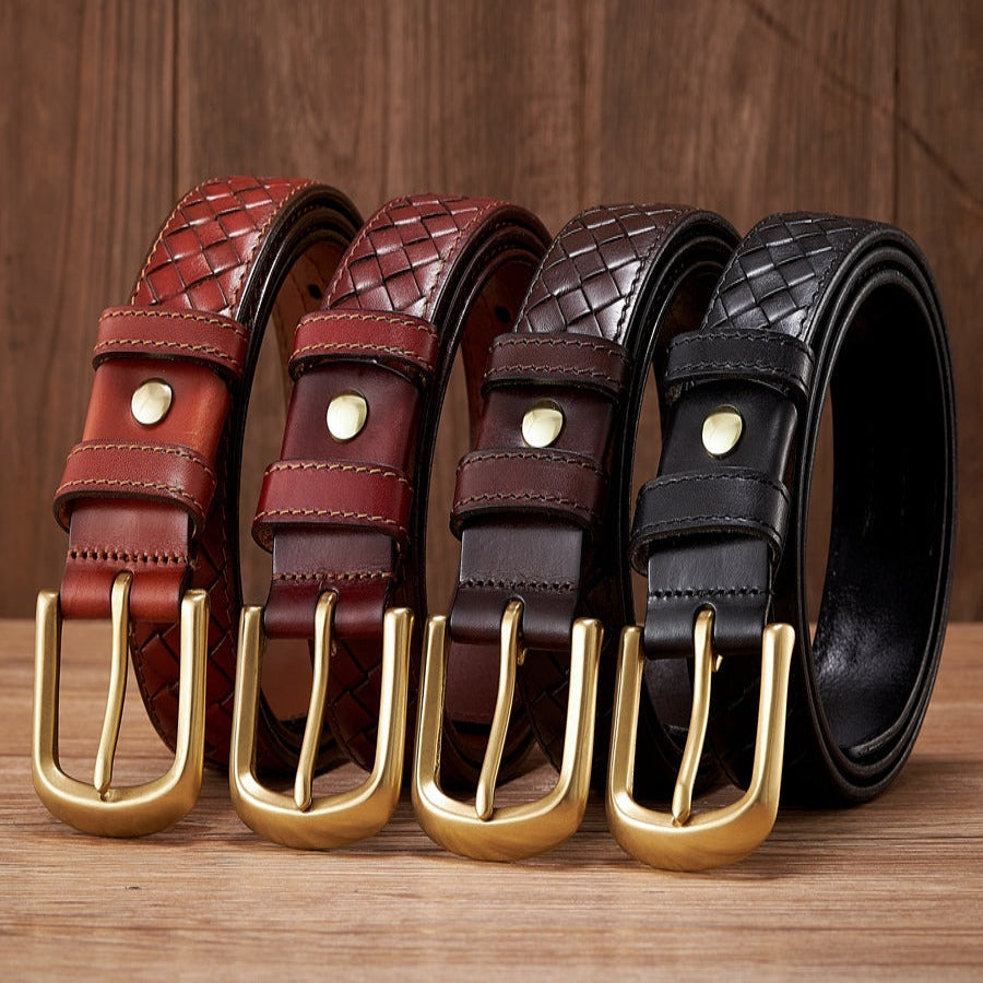 Black / 100 cm Men's Braided Woven Leather Belt - Cowboy Style - skyjackerz