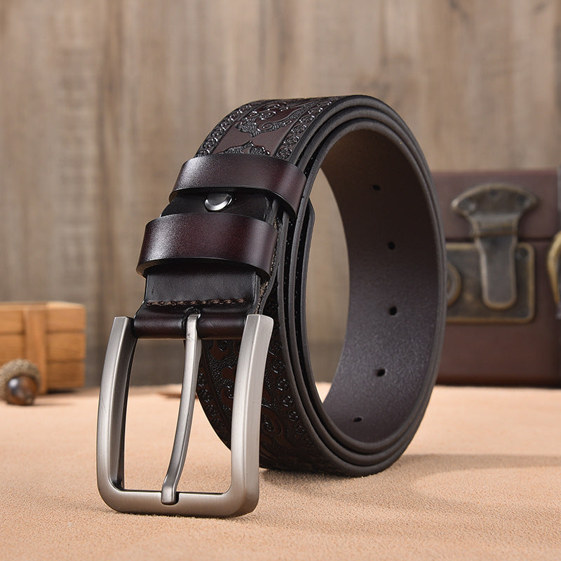 Dark Brown / 95 cm Men's Vintage Embossed Leather Belt - skyjackerz