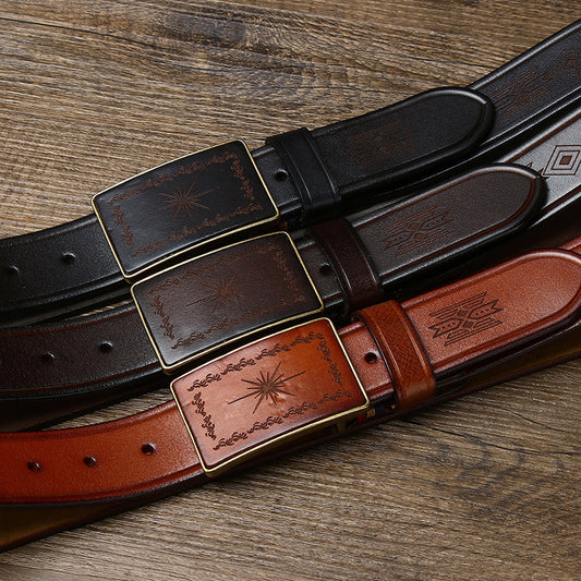 Black / 100 cm Men's Retro Smooth Buckle Genuine Leather Belt - skyjackerz