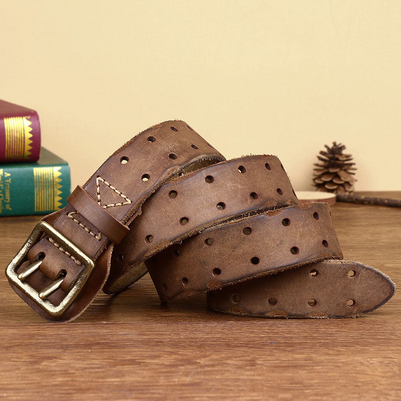 Khaki / 105 cm Men's Distressed Leather Double Pin Belt - skyjackerz
