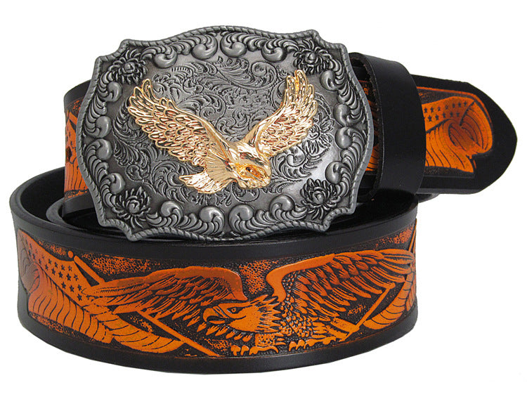Black / 100 cm Retro Eagle Totem Genuine Leather Belt for Men - skyjackerz
