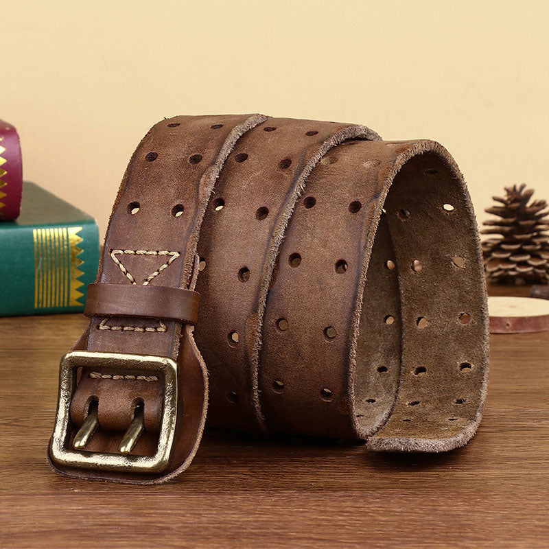 Men's Distressed Leather Double Pin Belt - skyjackerz
