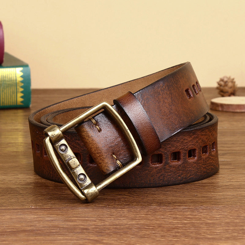 Khaki / 105 cm Men's Vintage Brass Buckle Leather Belt - skyjackerz