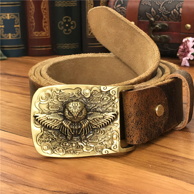 Yellow Brown / 105 cm Vintage Leather Belt for Men with Brass Owl Buckle - skyjackerz