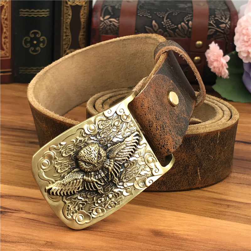 Yellow Brown / 105 cm Vintage Leather Belt for Men with Brass Owl Buckle - skyjackerz