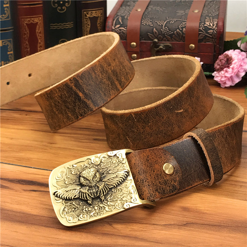 Yellow Brown / 105 cm Vintage Leather Belt for Men with Brass Owl Buckle - skyjackerz
