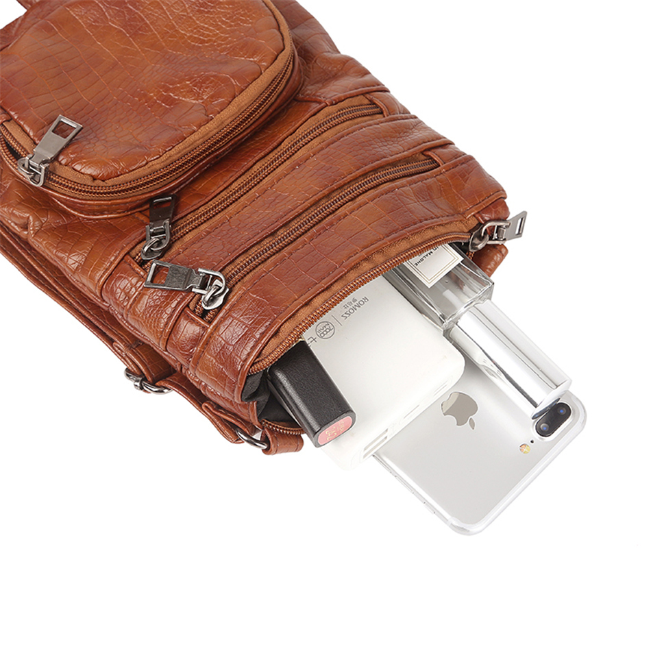 Brown Women's Leather Shoulder Bag - Multi-Pockets Casual Handbag - skyjackerz