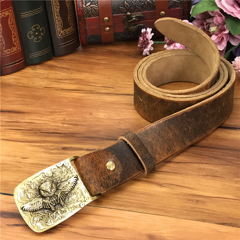 Yellow Brown / 105 cm Vintage Leather Belt for Men with Brass Owl Buckle - skyjackerz