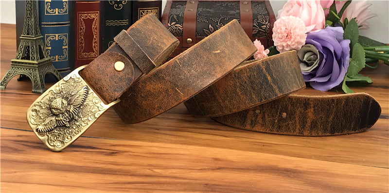 Yellow Brown / 105 cm Vintage Leather Belt for Men with Brass Owl Buckle - skyjackerz