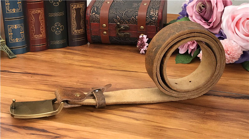 Yellow Brown / 105 cm Vintage Leather Belt for Men with Brass Owl Buckle - skyjackerz