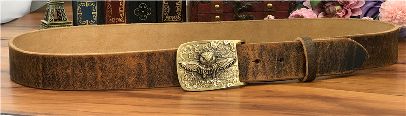 Yellow Brown / 105 cm Vintage Leather Belt for Men with Brass Owl Buckle - skyjackerz