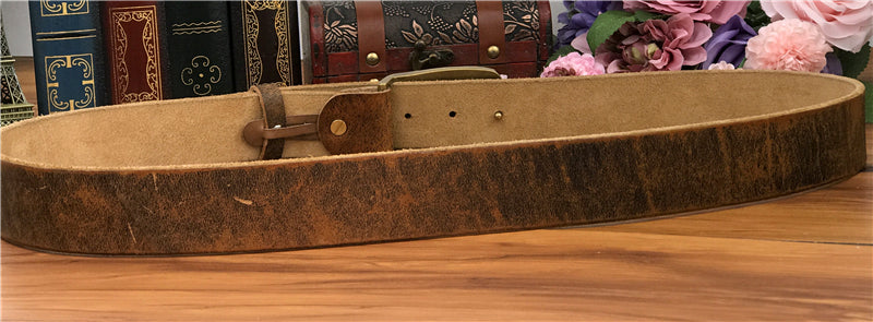 Yellow Brown / 105 cm Vintage Leather Belt for Men with Brass Owl Buckle - skyjackerz