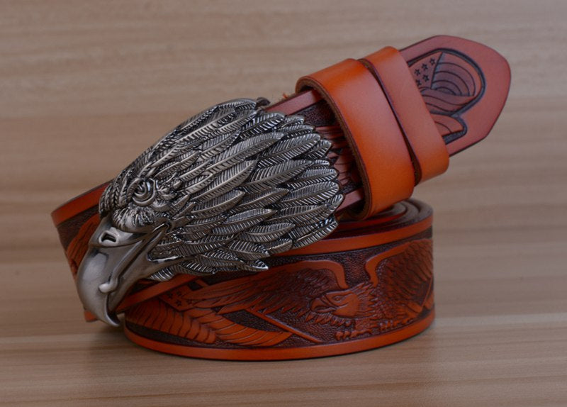 Style 3 - Brown / 100 cm Designer Vintage Leather Belt for Men - Eagle Design - skyjackerz