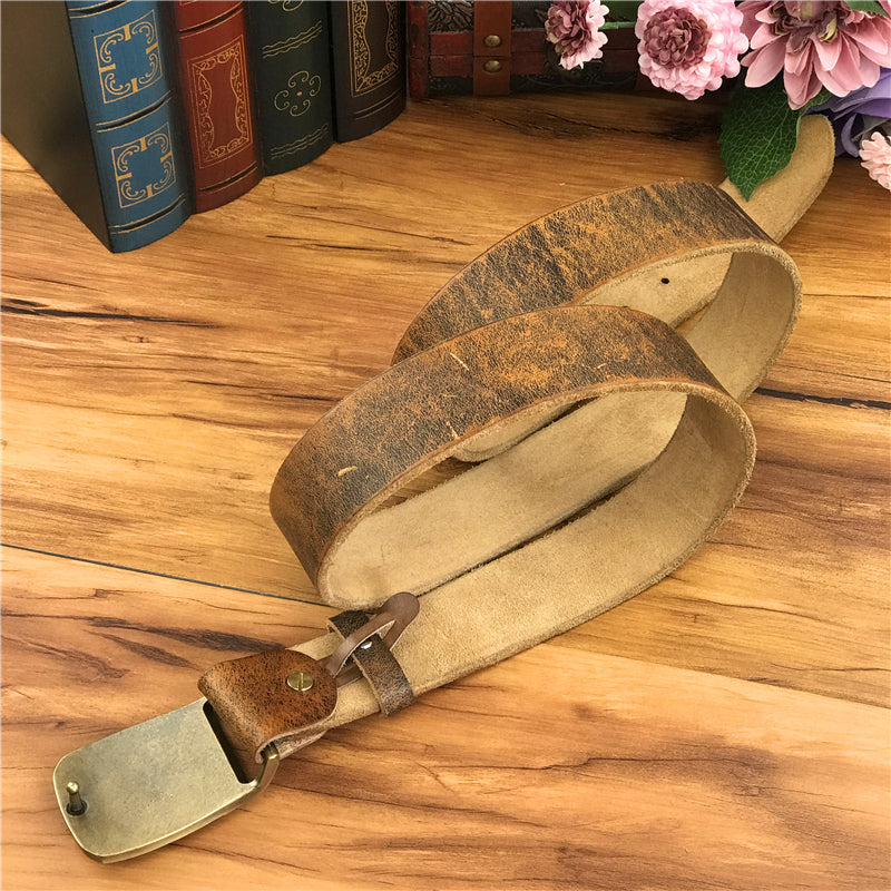 Yellow Brown / 105 cm Vintage Leather Belt for Men with Brass Owl Buckle - skyjackerz