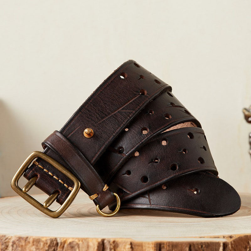 Coffee / 105 cm Men's Designer Double Pin Leather Belt - skyjackerz